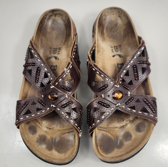 Betula by Birkenstock Joyce Beaded Double Leather Sandals Brown 8-8.5 Narrow - Picture 1 of 15